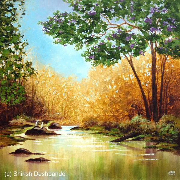 Landscape acrylic painting titled 'Jungle Stream Summer', 30x30 inches, by artist Shirish Deshpande on Canvas