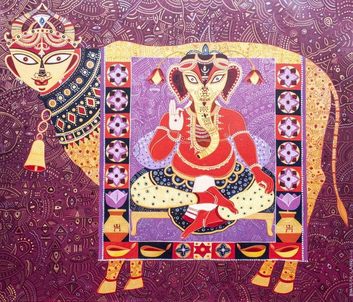 Religious acrylic painting titled 'Kaamdhenu With Shree Ganesha', 36x42 inches, by artist Bhaskar Lahiri on Canvas