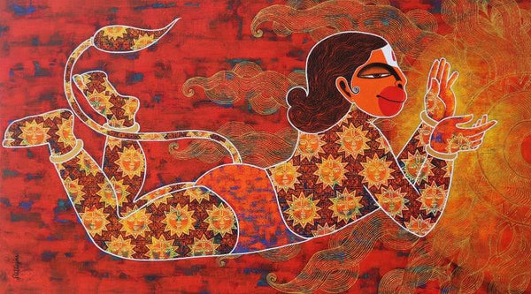 Religious acrylic painting titled 'Kabalikruta Swallower Of The Sun', 20x36 inches, by artist Pratiksha Bothe on Canvas