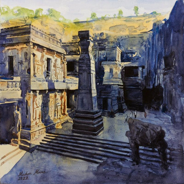 Religious watercolor painting titled 'Kailas Temple', 12x12 inches, by artist Madan Mane on Paper