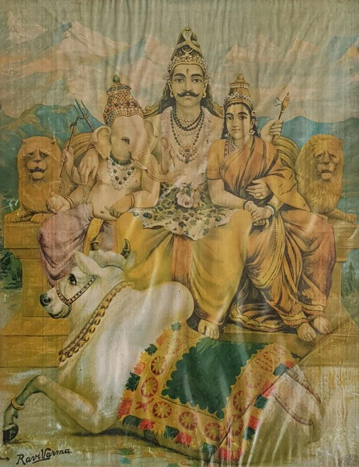 Religious oleograph painting titled 'Kailash Shankara 2', 24x20 inches, by artist Raja Ravi Varma on Paper