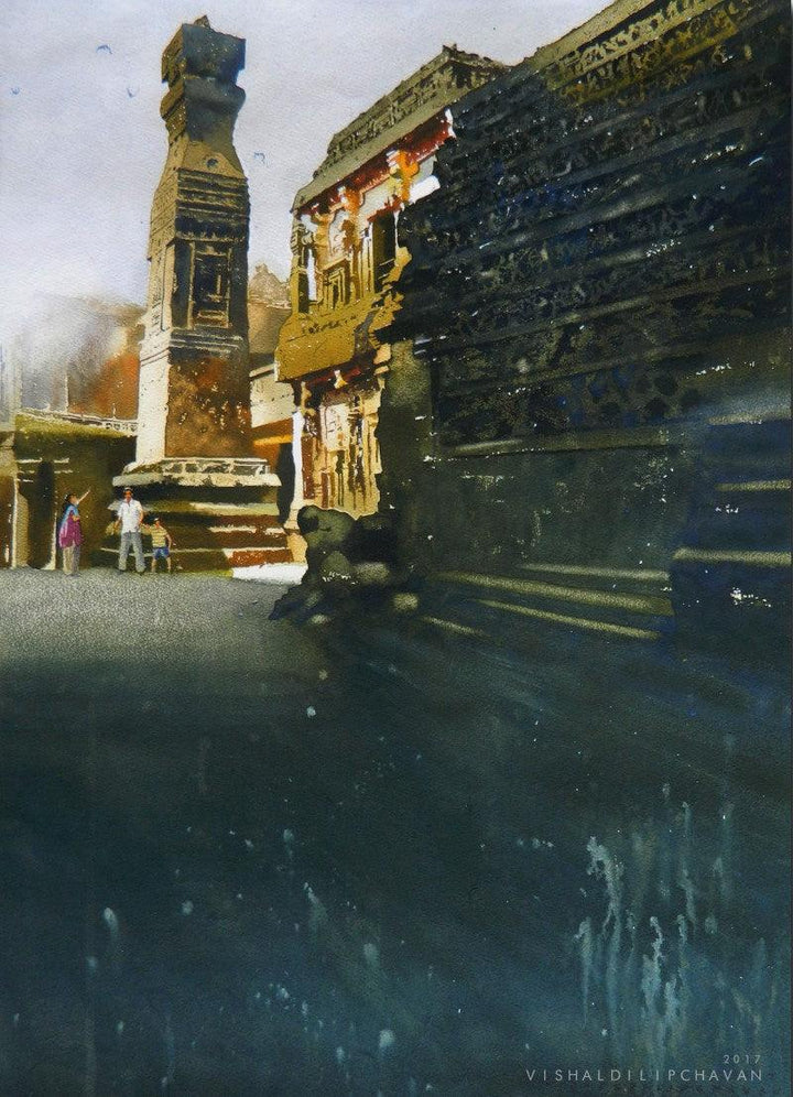 Place watercolor painting titled 'Kailash Temple Ellora', 30x22 inches, by artist Vishal Chavan on Paper