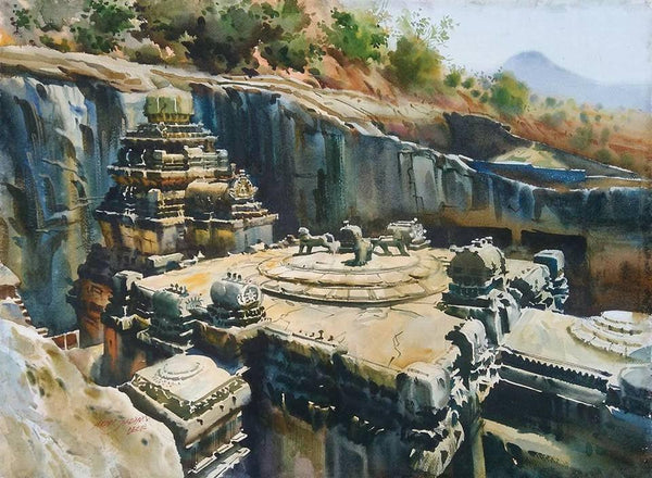 Cityscape watercolor painting titled 'Kailash Temple Ellora Caves', 21x30 inches, by artist Abhijit Jadhav on Paper