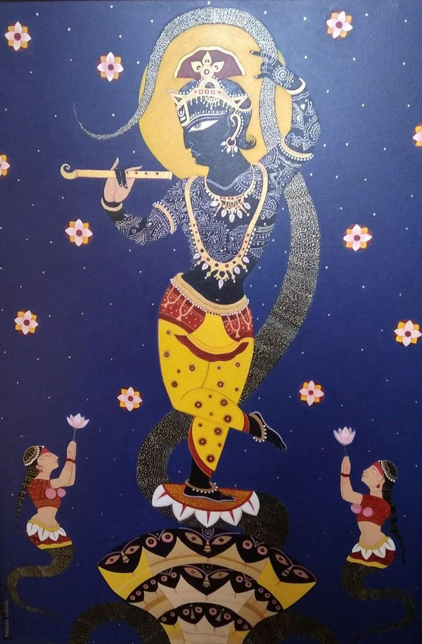 Religious acrylic painting titled 'Kaliodaman', 48x33 inches, by artist Bhaskar Lahiri on Canvas