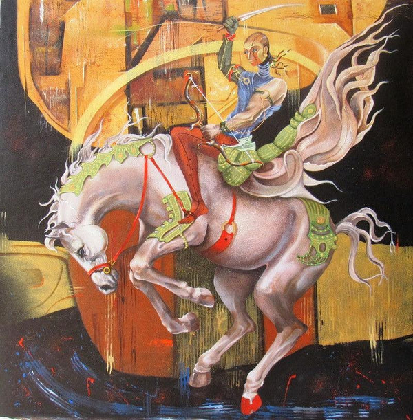 contemporary acrylic painting titled 'Kalki Dasham Avtar', 36x36 inches, by artist Kriti K.C. Saxena on Canvas