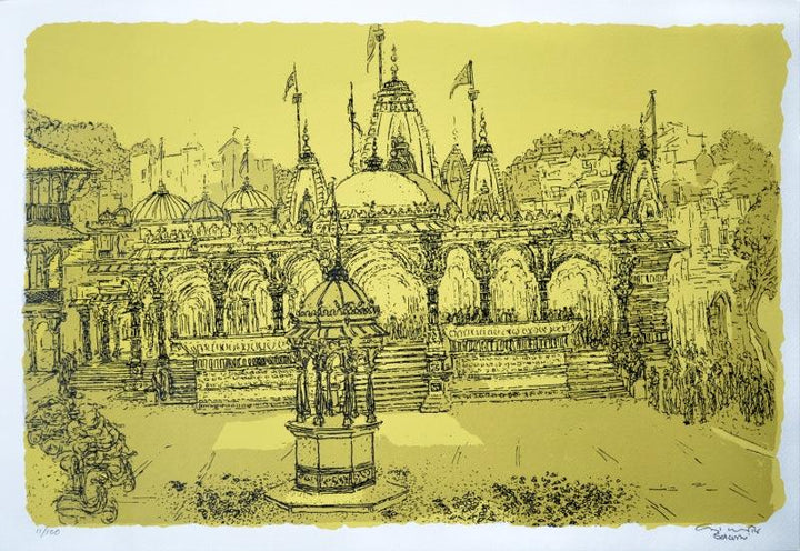 Religious serigraphs painting titled 'Kalupur Temple', 15x22 inches, by artist Vrindavan Solanki on Paper