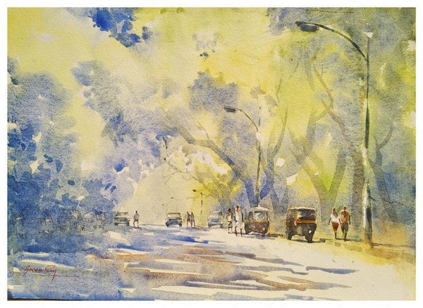 Landscape watercolor painting titled 'Kalyani Nagar Pune', 14x10 inches, by artist Soven Roy on Handmade Paper