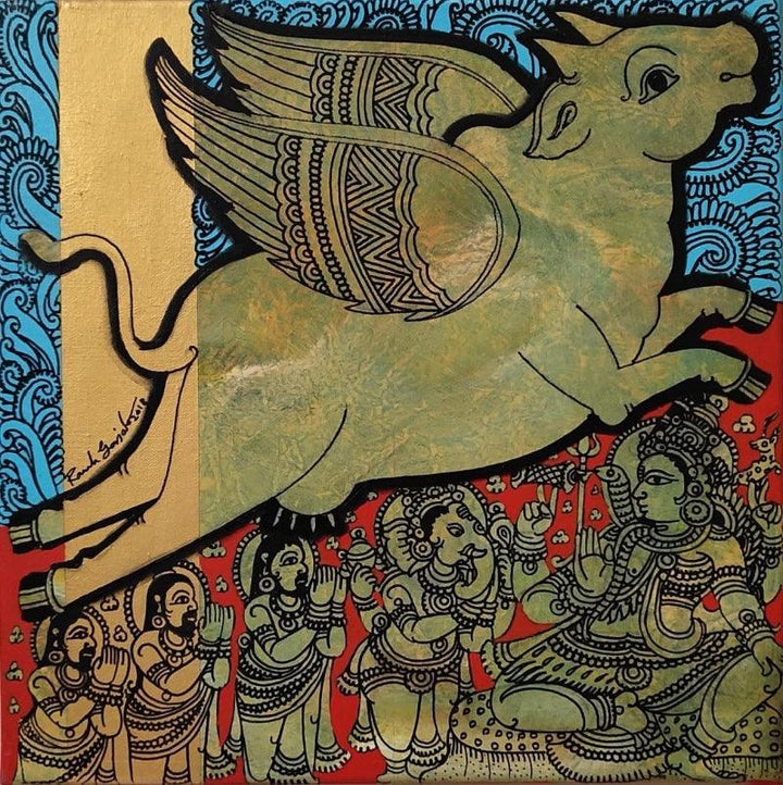 Religious acrylic painting titled 'Kamadhenu 4', 12x12 inches, by artist Ramesh Gorjala on Canvas