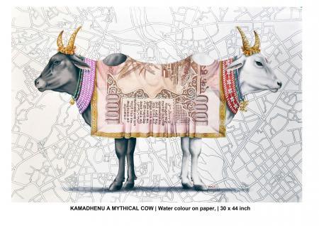 Photorealistic watercolor painting titled 'KAMADHENU A MYTHICAL COW', 32x44 inches, by artist Rohit Sharma on Paper