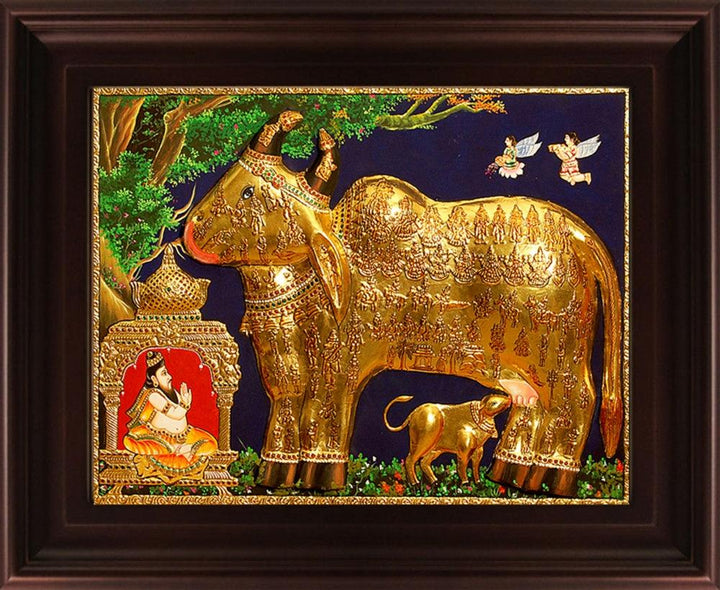 Religious tanjore traditional art titled 'Kamadhenu Gold Tanjore Painting', 18x24 inches, by artist Myangadi Tanjore on Plywood