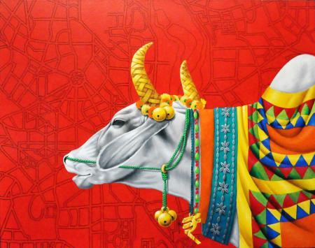 Photorealistic acrylic painting titled 'KAMADHENU III', 36x48 inches, by artist Rohit Sharma on Canvas