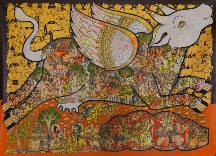 Religious acrylic painting titled 'Kamadhenu (Sacred Cow)', 36x48 inches, by artist Ramesh Gorjala on Canvas