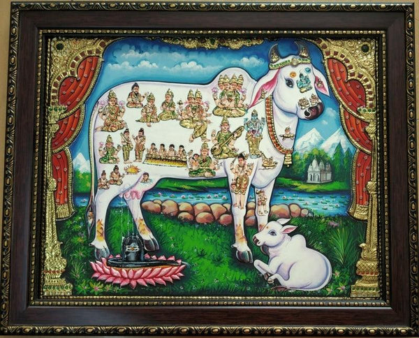 Religious tanjore traditional art titled 'Kamadhenu Tanjore Painting 2', 16x20 inches, by artist VANI VIJAY on Plywood