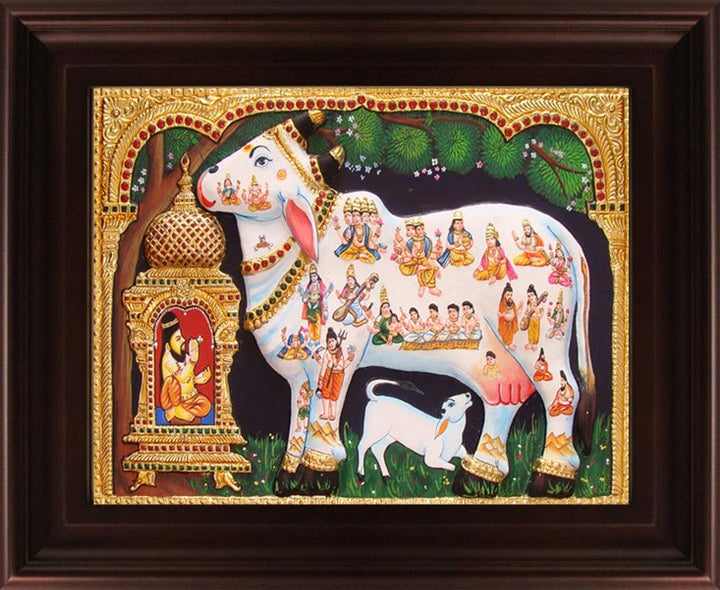 Religious tanjore traditional art titled 'Kamadhenu White Tanjore Painting', 18x24 inches, by artist Myangadi Tanjore on Plywood