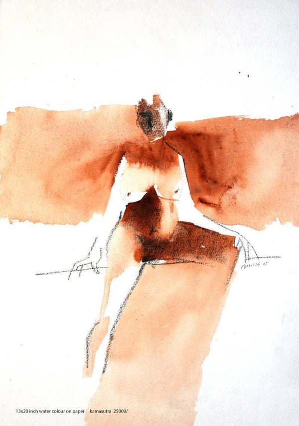 Erotic watercolor painting titled 'Kamasutra 1', 13x20 inches, by artist Arun K Mishra on Paper