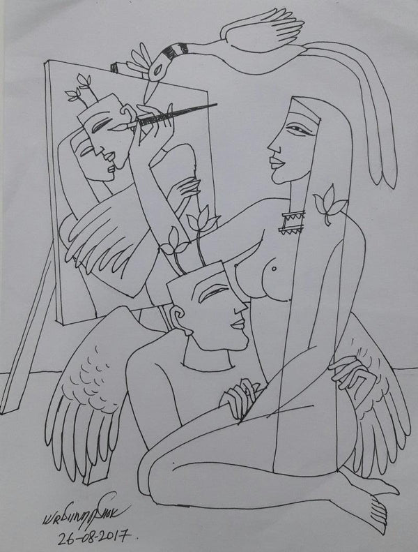 Erotic graphite drawing titled 'Kamasutra 2', 12x17 inches, by artist Krishna Ashok on Paper