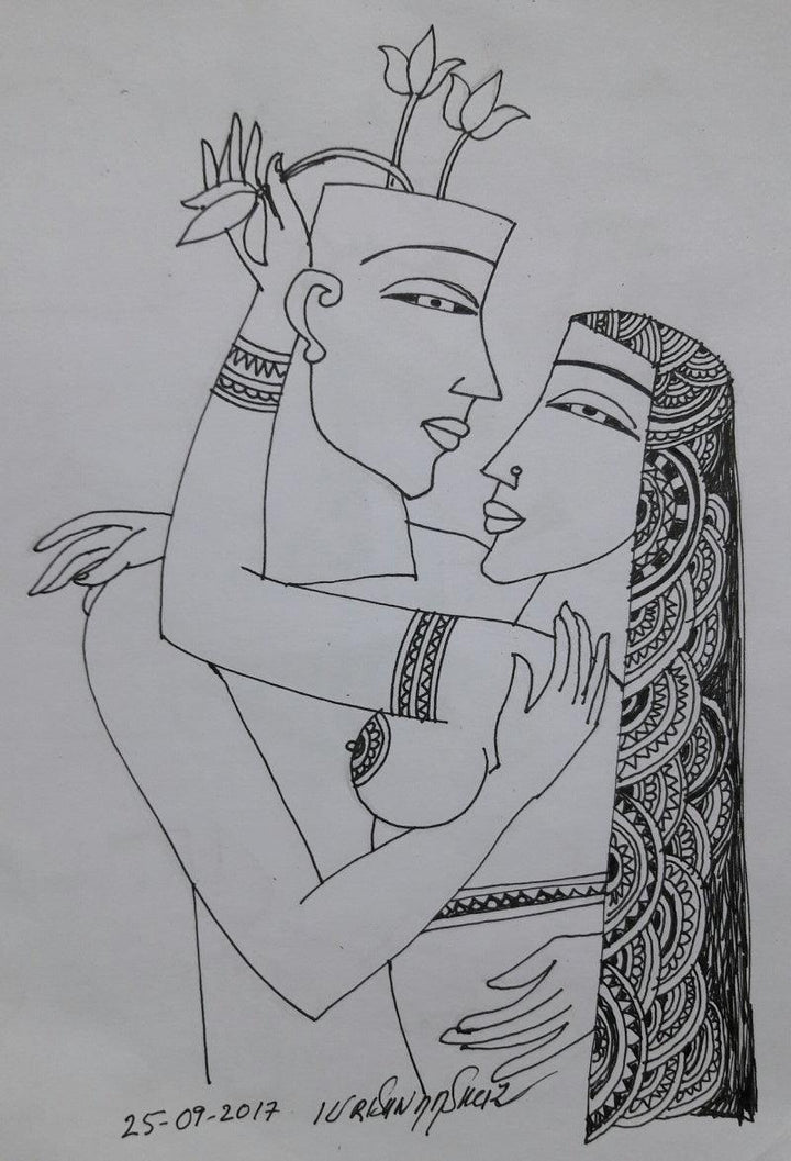 Erotic graphite drawing titled 'Kamasutra 5', 12x17 inches, by artist Krishna Ashok on Paper