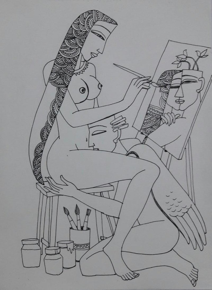 Erotic graphite drawing titled 'Kamasutra', 12x17 inches, by artist Krishna Ashok on Paper