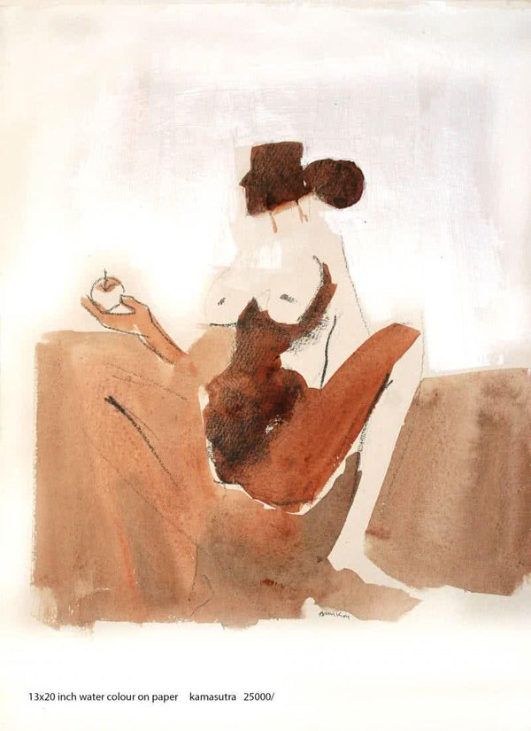 Erotic watercolor painting titled 'Kamasutra Nude Couple 2', 13x20 inches, by artist Arun K Mishra on Paper