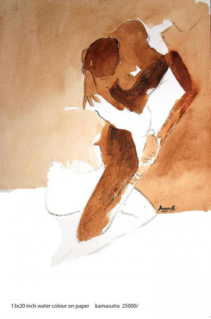 Erotic watercolor painting titled 'Kamasutra Nude Couple 3', 13x20 inches, by artist Arun K Mishra on Paper