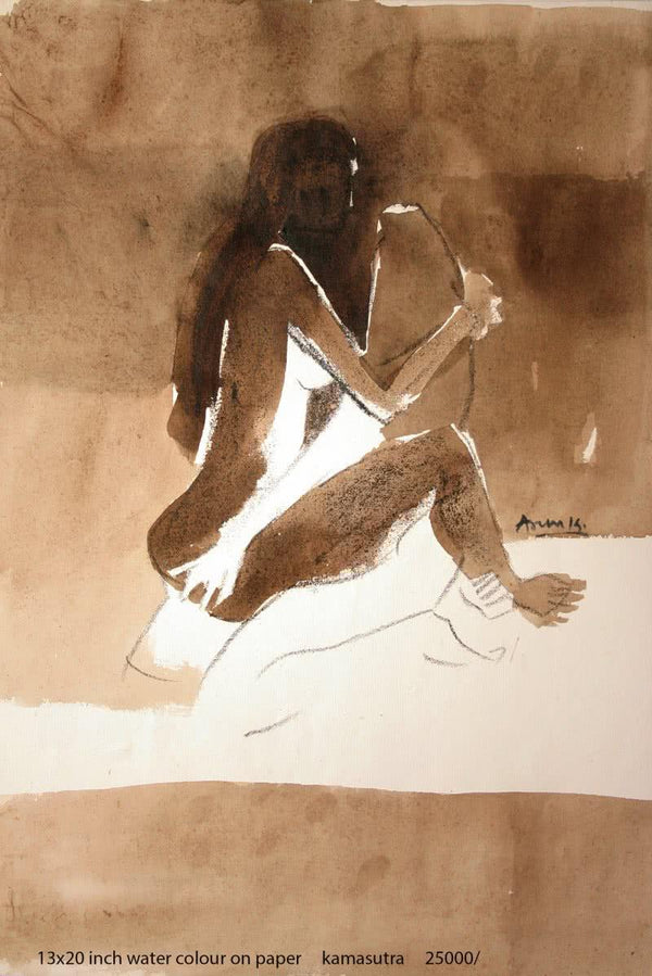 Erotic watercolor painting titled 'Kamasutra Nude Couple', 13x20 inches, by artist Arun K Mishra on Paper