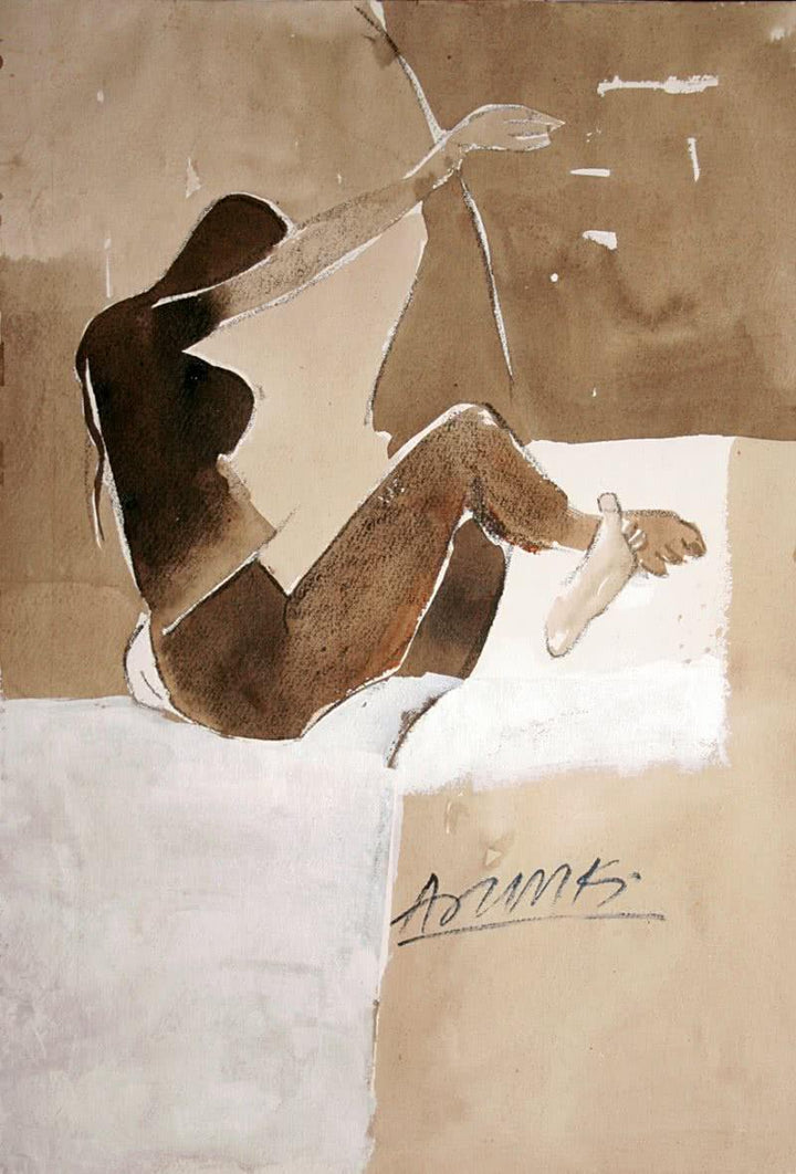 Erotic watercolor painting titled 'Kamasutra Nude Pose', 13x20 inches, by artist Arun K Mishra on Paper