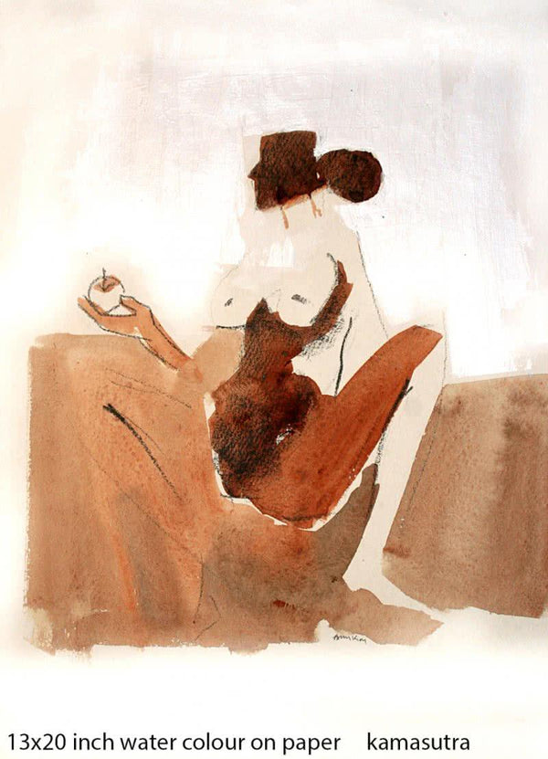 Erotic watercolor painting titled 'Kamasutranude Couple 4', 13x20 inches, by artist Arun K Mishra on Paper