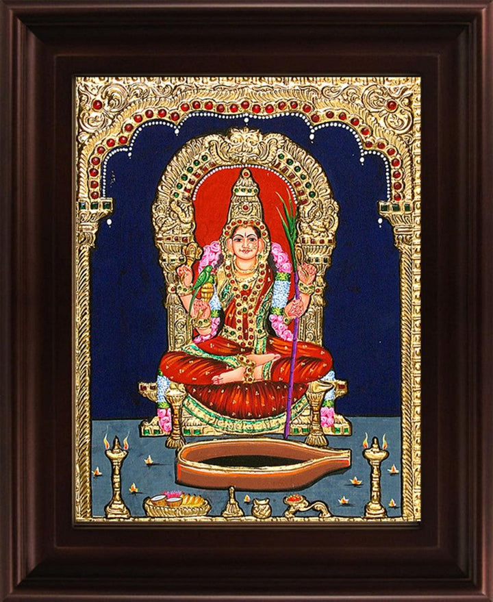 Religious tanjore traditional art titled 'Kamatchi Devi Tanjore Painting', 24x18 inches, by artist Myangadi Tanjore on Plywood