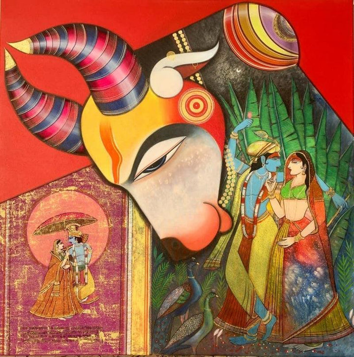 Religious acrylic painting titled 'Kamdhenu 1', 48x48 inches, by artist Ashok Rathod on Canvas