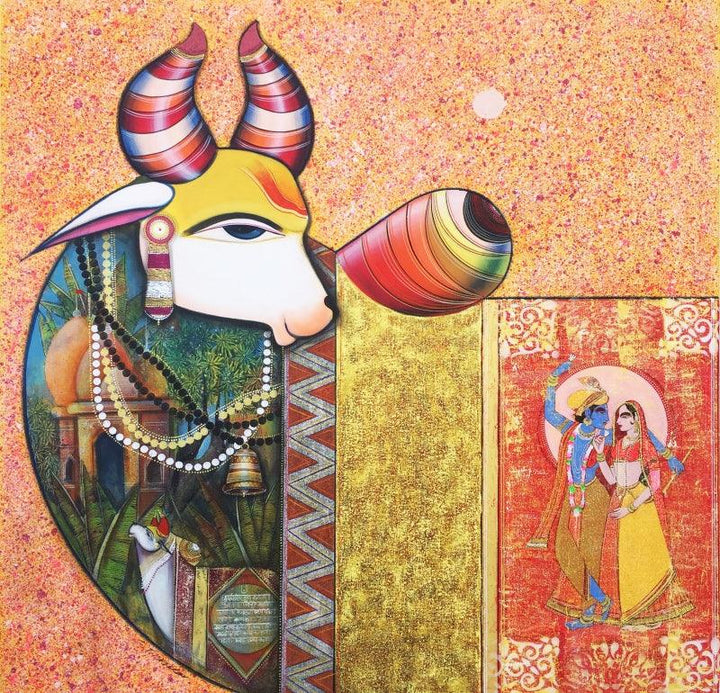 Religious acrylic painting titled 'Kamdhenu 2', 48x48 inches, by artist Ashok Rathod on Canvas