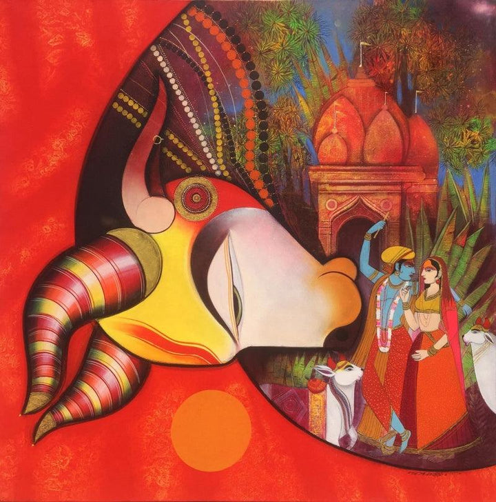 Religious acrylic painting titled 'Kamdhenu 3', 48x48 inches, by artist Ashok Rathod on Canvas