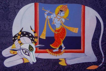 Religious acrylic painting titled 'Kamdhenu 5', 20x30 inches, by artist Bhaskar Lahiri on Canvas