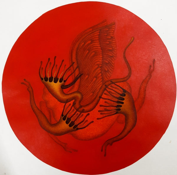 contemporary mixed-media painting titled 'Kamdhenu', 12x12 inch, by artist Nitesh Panchal on Paper