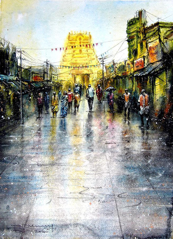 Cityscape watercolor painting titled 'Kanchipuram Temple', 15x11 inches, by artist SRV ARTIST on Handmade Paper