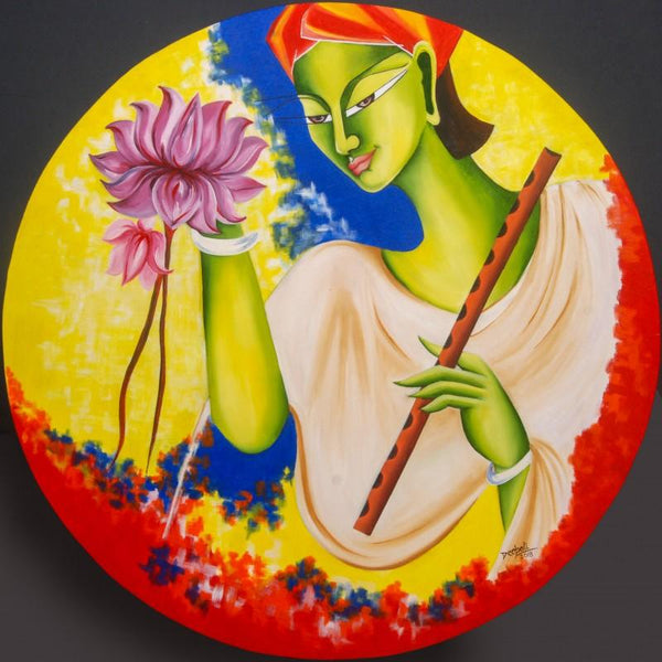 contemporary acrylic oil painting titled 'Kanha', 36x36 inches, by artist Deepali Mundra on canvas