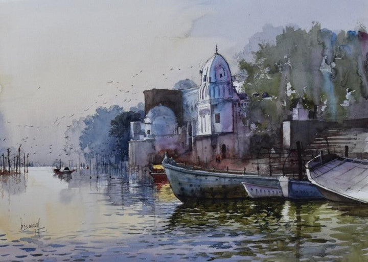 Cityscape watercolor painting titled 'Kanpur Ghat', 22x30 inches, by artist Bijay Biswaal on Canson Paper