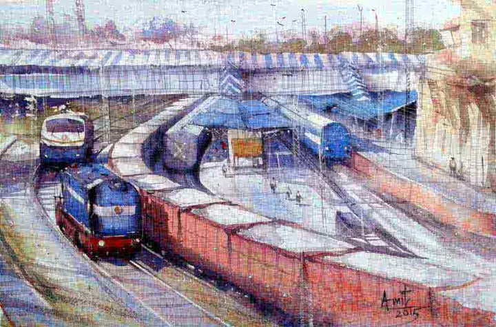 Cityscape watercolor painting titled 'Kanpur Station', 15x22 inches, by artist Amit Kapoor on Paper