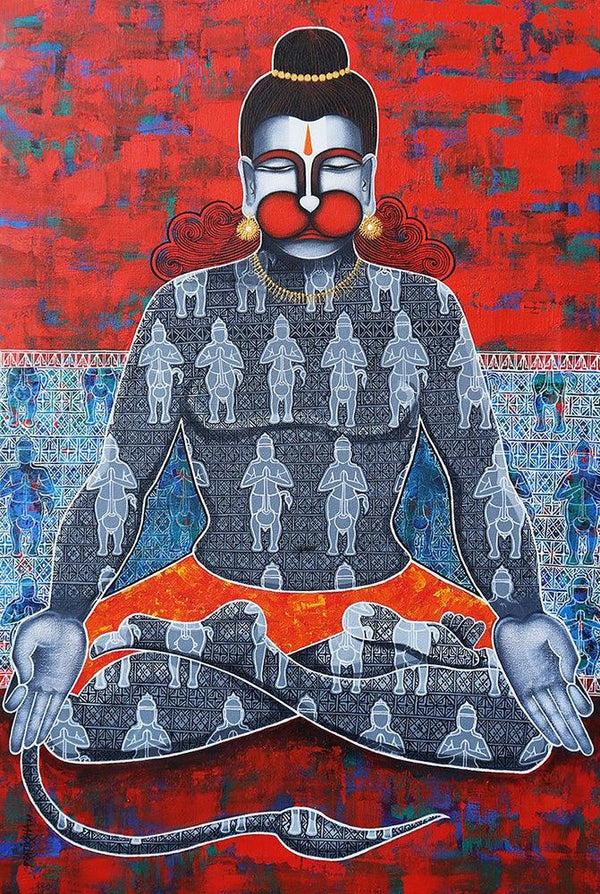 Religious acrylic painting titled 'Kapeeshwar Lord Of The Monkeys', 36x24 inches, by artist Pratiksha Channekar on Canvas