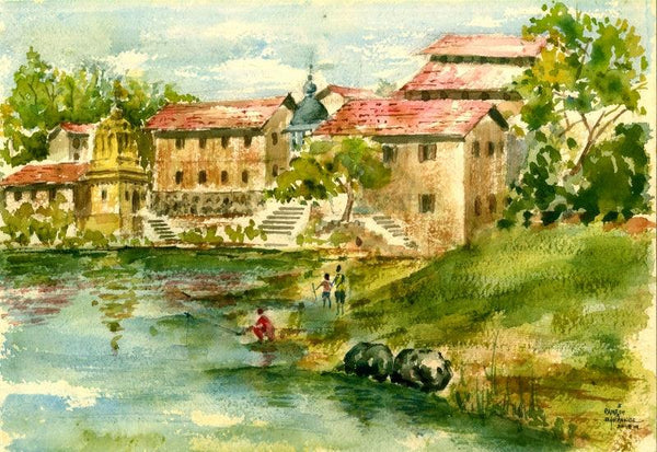 Cityscape watercolor painting titled 'Kapileshwar Temple', 10x14 inches, by artist Ramessh Barpande on Paper