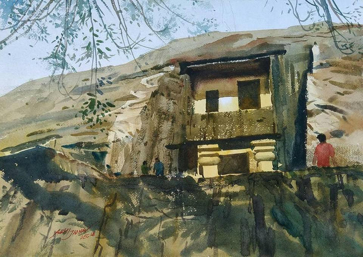 Cityscape watercolor painting titled 'Karle Caves', 15x22 inches, by artist Abhijit Jadhav on Paper