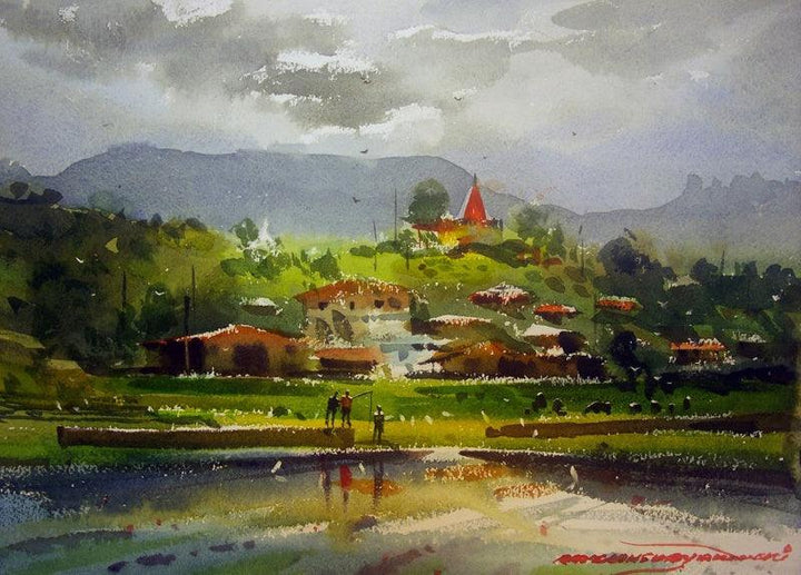 Landscape watercolor painting titled 'Kasgoan 3', 11x14 inches, by artist RAKESH SURYAWANSHI on Paper