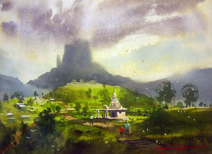 Landscape watercolor painting titled 'Kasgoan', 11x14 inches, by artist RAKESH SURYAWANSHI on Paper