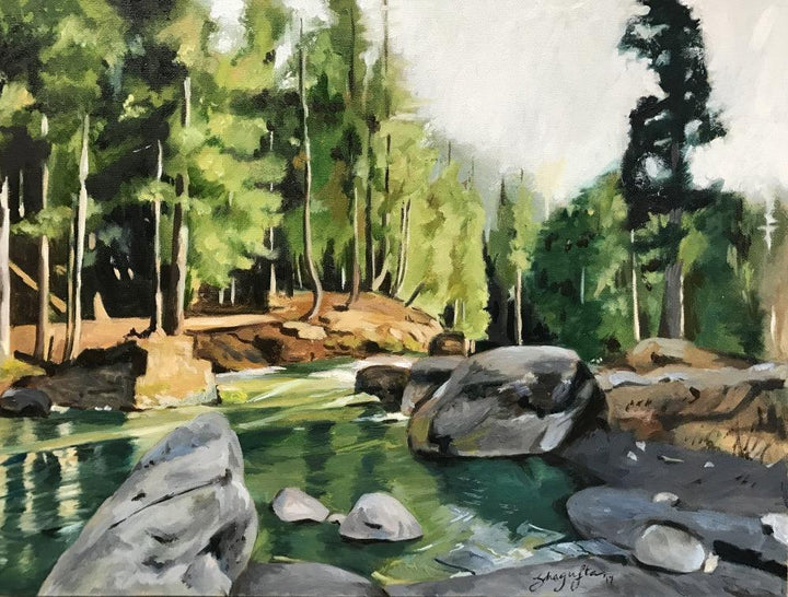 Landscape oil painting titled 'Kashmir', 24x28 inches, by artist Shagufta Mehdi on canvas