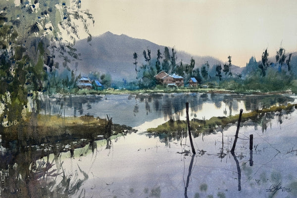 Cityscape watercolor painting titled 'Kashmir Dal Lake', 15x22 inch, by artist Achintya Hazra on Paper