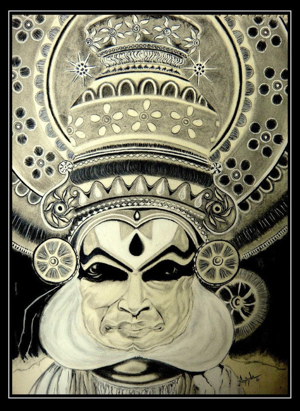 Figurative charcoal drawing titled 'Kathakali', 12x18 inches, by artist Aninda Dey on Paper
