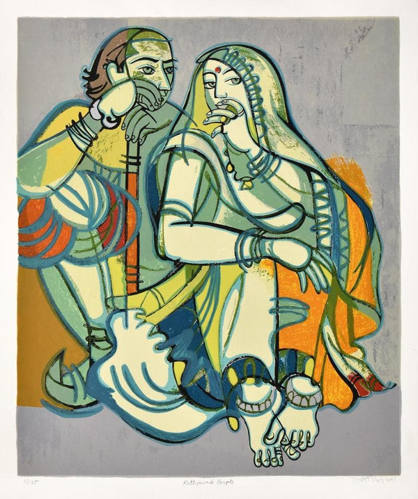 Figurative serigraphs painting titled 'Kathiawadi Couple', 40x34 inches, by artist Jyoti Bhatt on Paper