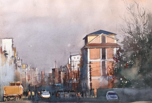 Cityscape watercolor painting titled 'Kathmandu Brown', 14x20 inches, by artist Bijay Biswaal on Paper