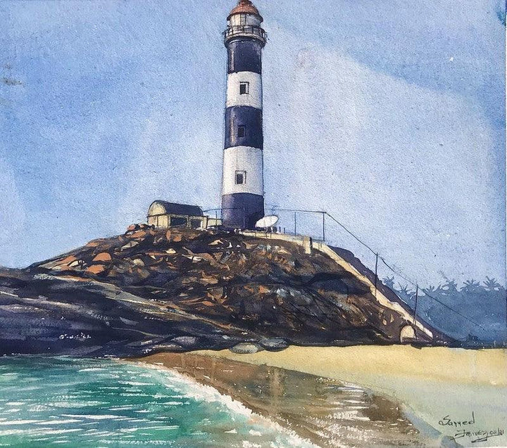 Cityscape watercolor painting titled 'Kaup Lighthouse Ks farvez', 14x17 inches, by artist KS Farvez on Paper