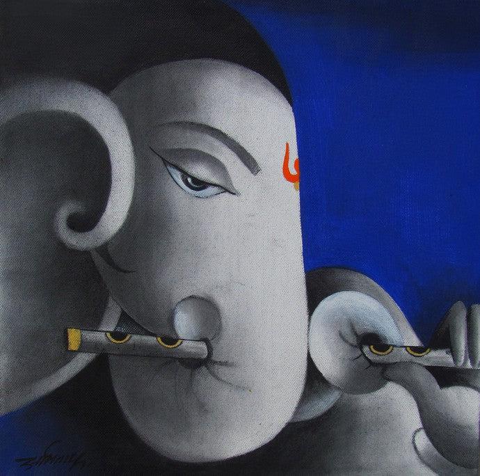 Religious mixed media painting titled 'Kaveesha Ganesha', 12x12 inches, by artist Somnath Bothe on Canvas