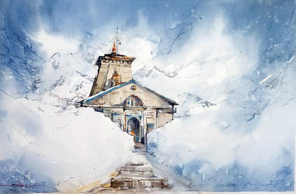 Religious watercolor painting titled 'Kedarnath India', 21x14 inches, by artist Milind Bhanji on Paper